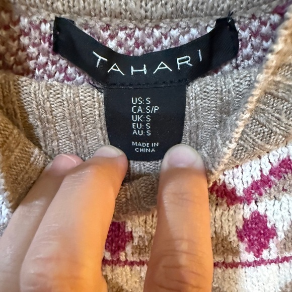 Tahari Brown Pink Nordic Fair Isle Apres Ski Sweater Scandinavian - Picture 2 of 6